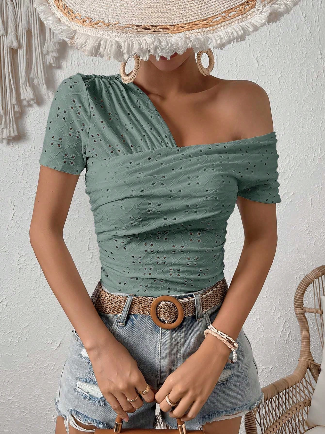 SHEIN VCAY Eyelet Embroidery Asymmetrical Neck Ruched Side Ruched Tee | SHEIN