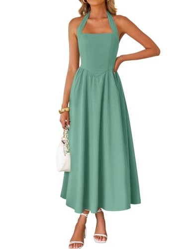 ZESICA Women's Summer Sleeveless Halter Midi Dress 2025 Off Shoulder High Waist Swing Flowy Beach Long Dresses,Sage,Small | Amazon (US)