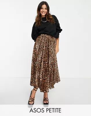 ASOS DESIGN Petite satin pleat midi skirt in leopard print | ASOS (Global)