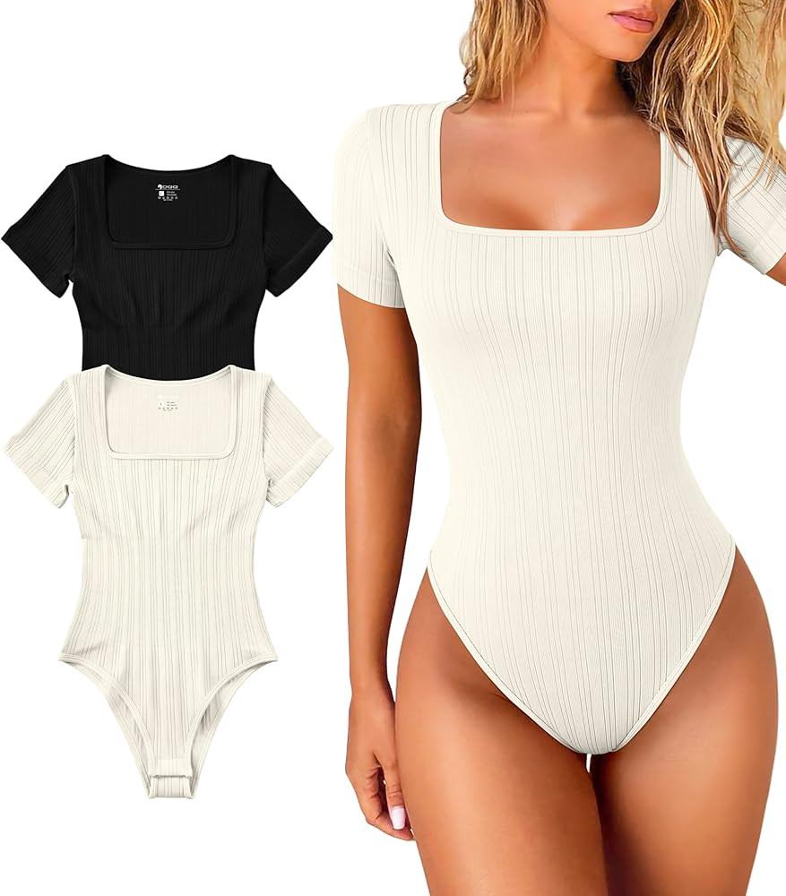 OQQ Women 2 Piece Bodysuits Short Sleeve Square Strech Basic Shirts Bodysuits | Amazon (US)