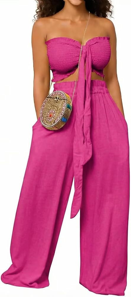 Ophestin Women Two Piece Outfits Knot Front Ruffle Trim Smocked Crop Top Wide Leg Pant Sets Vacat... | Amazon (US)