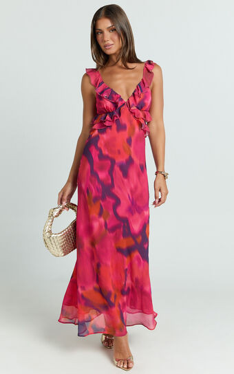 Alessa Maxi Dress - V Neck Frill Detail Empire Waist Back Cut Out Dress in Adeana Print | Showpo (US, UK & Europe)