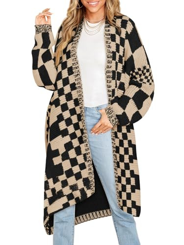 Saodimallsu Womens Checkered Long Cardigans Chunky Oversized Open Front Batwing Sleeve Color Block Knit Sweater Coats Apricot | Amazon (US)
