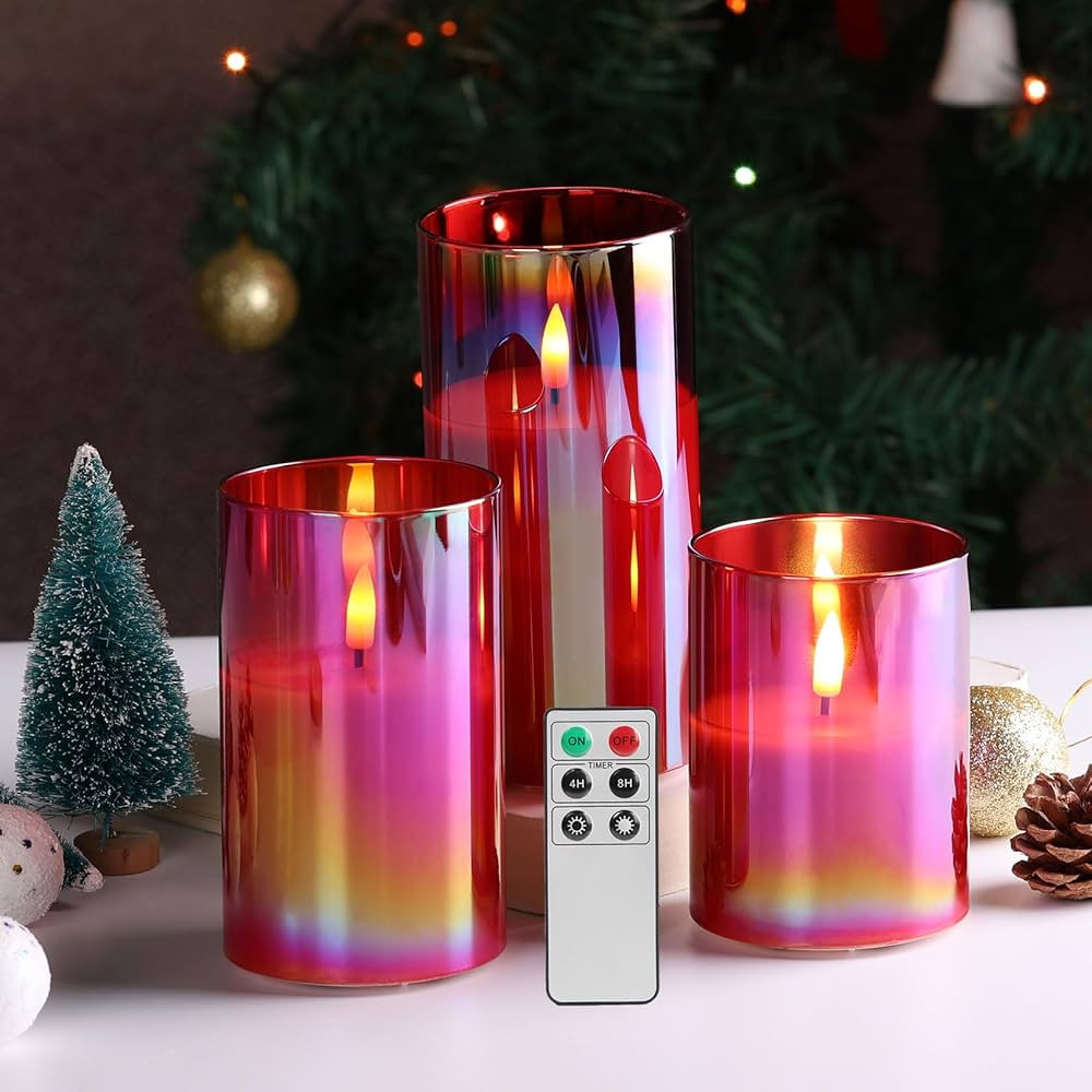 Eywamage Red Glass Flameless LED Pillar Candles with Remote, Flickering Battery Christmas Candles... | Amazon (US)