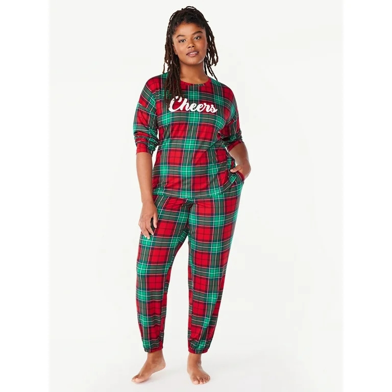 Joyspun Women’s Long Sleeve Tee and Joggers, 2-Piece Pajama Set, Sizes S-3X | Walmart (US)
