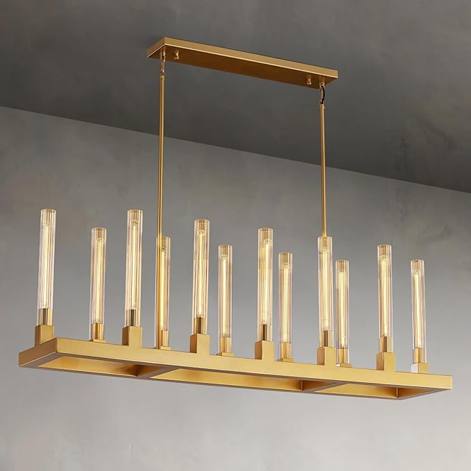 55" Farmhouse Chandelier with Glass Tube, Gold 12-Lights Modern Chandeliers Over Table 5Rectangul... | Amazon (US)