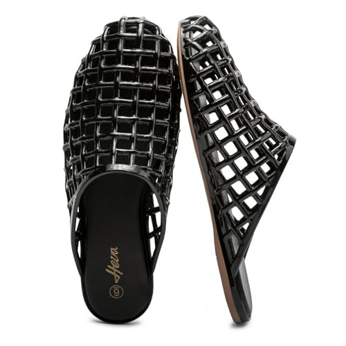 HEVA Women's Jelly Slide Sandals - Clear Mesh Hollow Slip On Closed Toe Slippers - Lightweight Casual No Slip Flat Sandals(9 US Black) | Amazon (US)