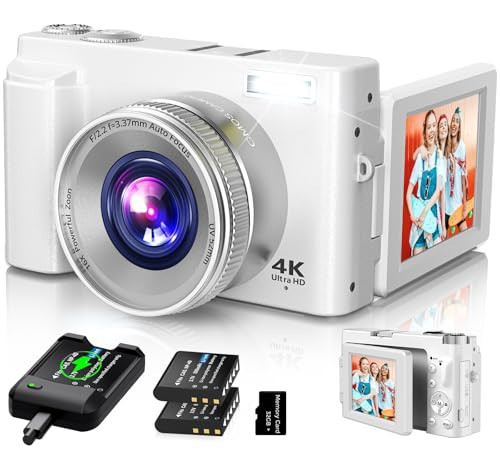 4K Digital Camera for Photography Autofocus, 2024 Latest 48MP Vlogging Camera for YouTube with SD Card, 2 Batteries, 3" 180°Flip Screen Compact Travel Camera for Teens with 16X Zoom (Off White) | Amazon (US)