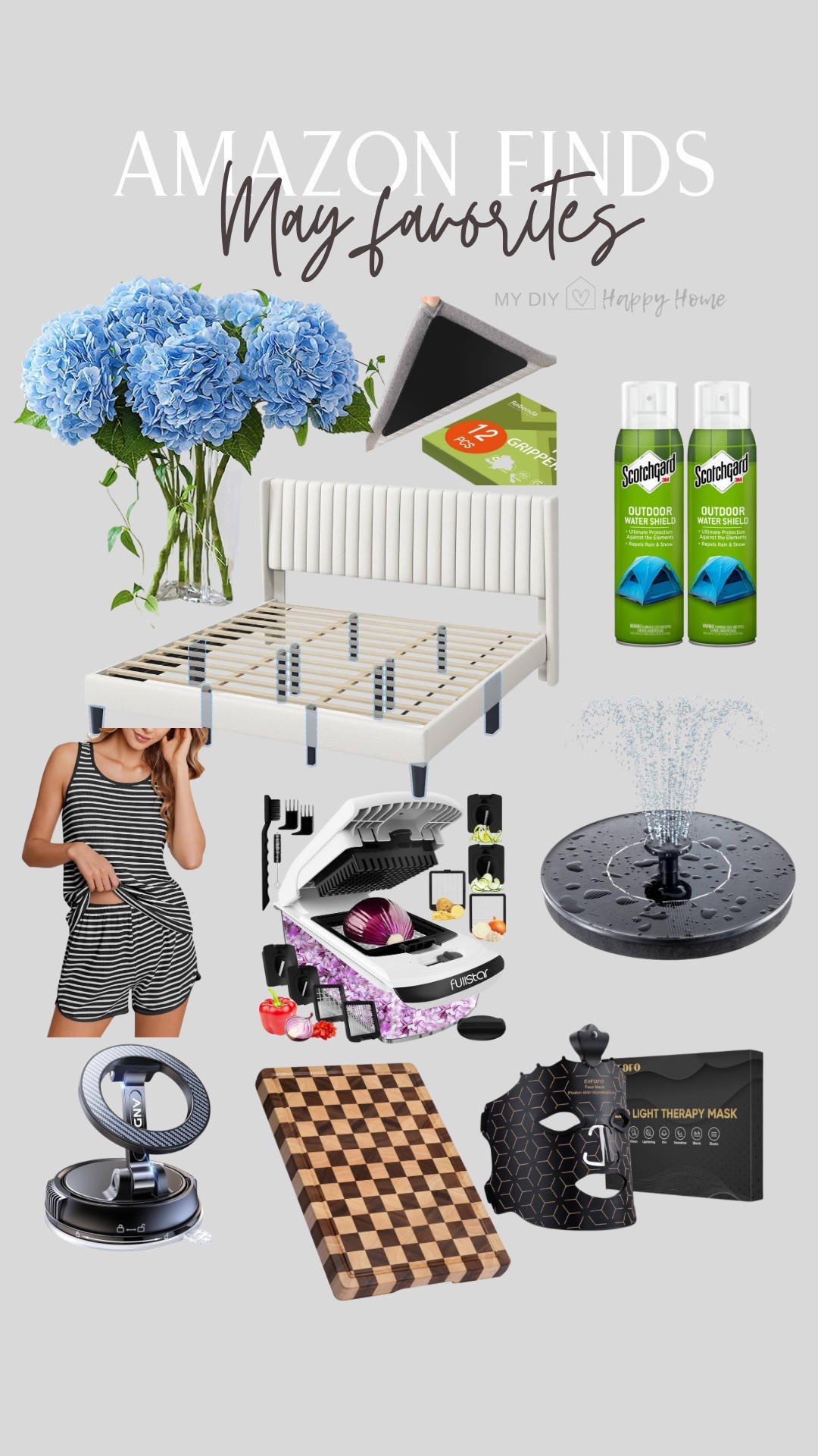 May most loved from Amazon:

Realistic hydrangeas 
Rug grip corners 
Water repellent spray 
Bedframe 
Solar fountain 
Pajama set
Red light therapy face mask 
4 in 1 chopper 
Checker cutting board 
Phone mount 


#LTKSeasonal #LTKBeauty #LTKHome