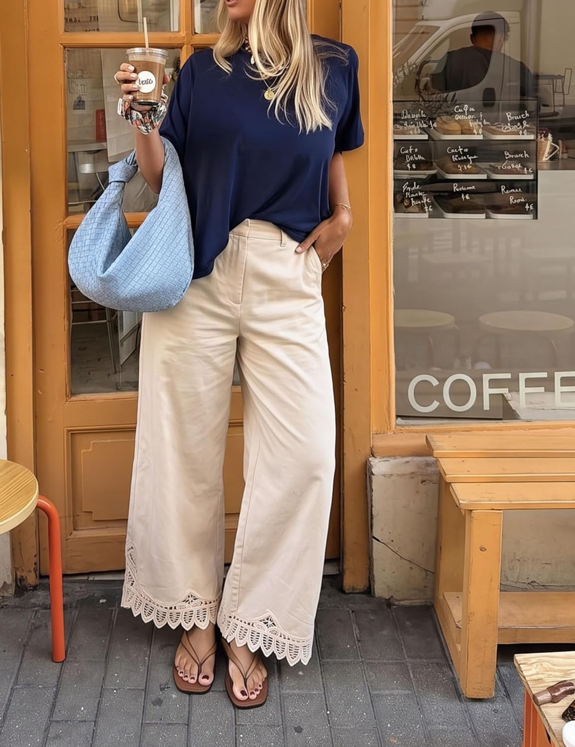 Bankeng Womens Button Up High Waisted Lace-Hem Wide Leg Pants | Amazon (US)