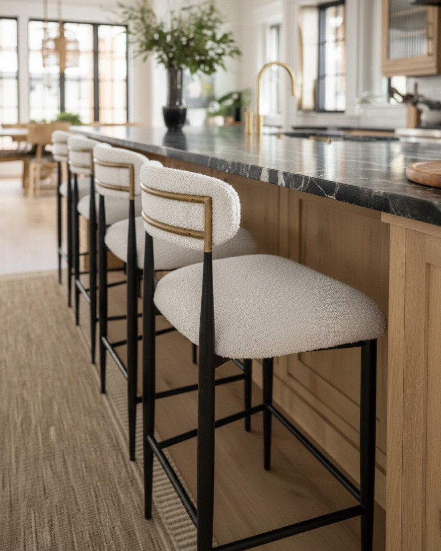 A warm, inviting kitchen that blends natural textures with modern refinement. The light oak cabinetry sets the tone with its soft, organic grain and matte finish, paired beautifully with the rich charcoal and white veined stone countertop that adds depth and quiet drama.

Exposed reclaimed wood ceiling beams introduce an earthy architectural layer that feels cozy and timeless, while the white globe pendants keep the lighting fresh and airy. The contrast between the rustic beams and the clean, modern lighting creates a perfect balance.

Along the island, the upholstered counter stools in soft cream with black metal frames add a structured, contemporary touch without overwhelming the warm palette. The woven baskets tucked into the open shelving bring in texture and natural charm.

The matte black range hood becomes a subtle statement piece, grounding the space alongside the warm-toned subway tile backsplash that adds texture without taking attention away from the cabinetry and stone.

Every detail works together—warm neutrals, natural woods, layered textures—to create a kitchen that feels calm, elevated, and effortlessly livable.

✨ Shop the look:
Light oak cabinetry | Charcoal veined stone island | Cream upholstered stools | Woven storage baskets | White globe pendant lights | Matte black range hood | Warm subway tile backsplash | Natural runner rug | Brass kitchen fixtures

#LTKsale #LTKhome #LTKstyletip