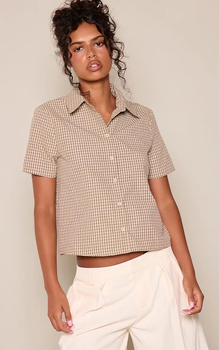 Brown Check Short Sleeve Boxy Shirt | PrettyLittleThing UK