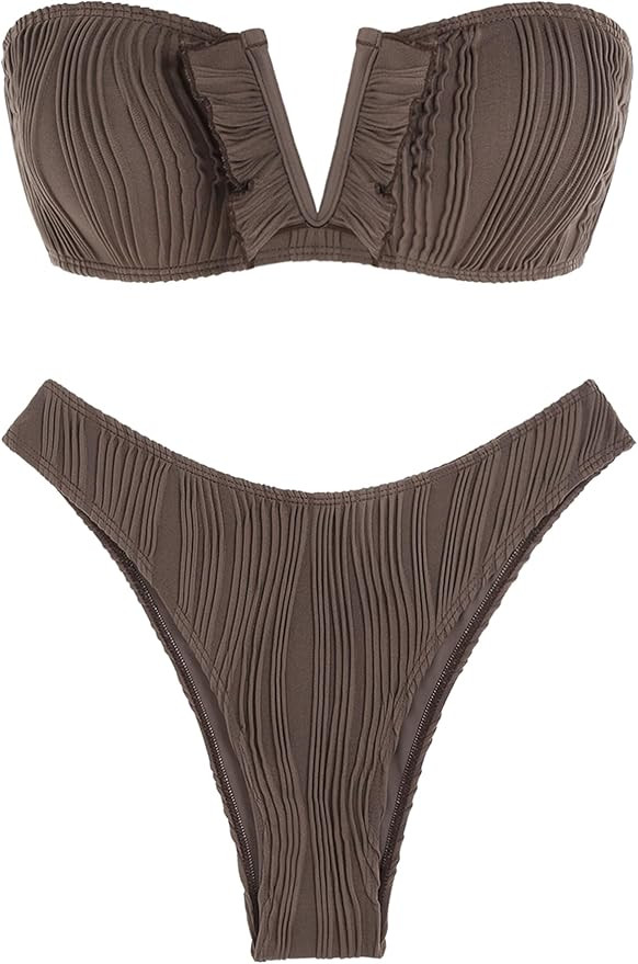 ZAFUL Women V-Wired Ruffle Ribbed Bandeau Bikini, Lace Up Bikinis Strapless Two Pieces Swimsuit | Amazon (US)