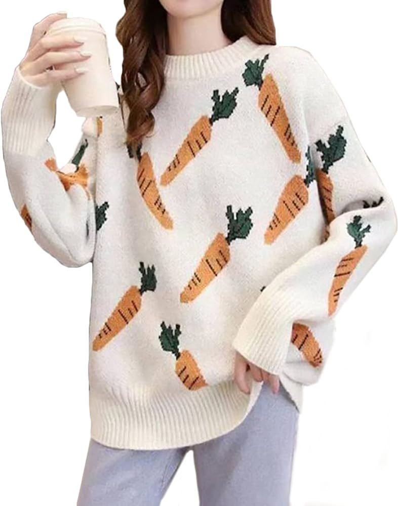 Womens Knitted Orange Sweater Casual Loose Long Sleeve Pullover Sweater Tops | Amazon (US)