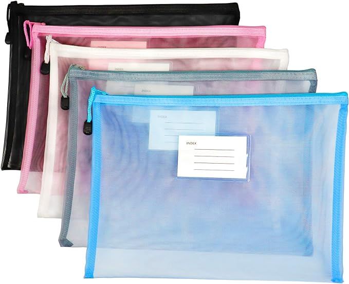 VIQWYIC A4 Zipped Mesh Document File Folders, 5 PCS Zip Lock File Bag Wallets Folder for School O... | Amazon (US)
