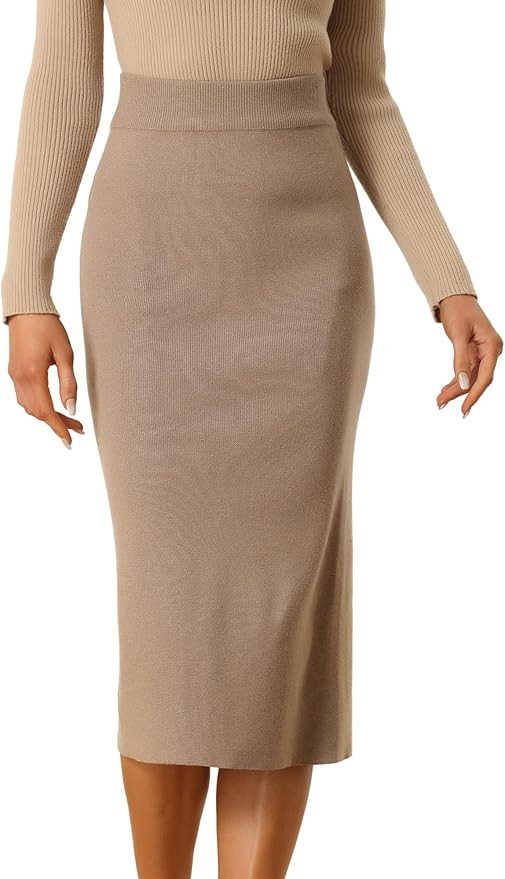 Allegra K Women's Sweater Skirts Ribbed Knit Elastic High Waist Stretchy Slit Casual Office Penci... | Amazon (US)