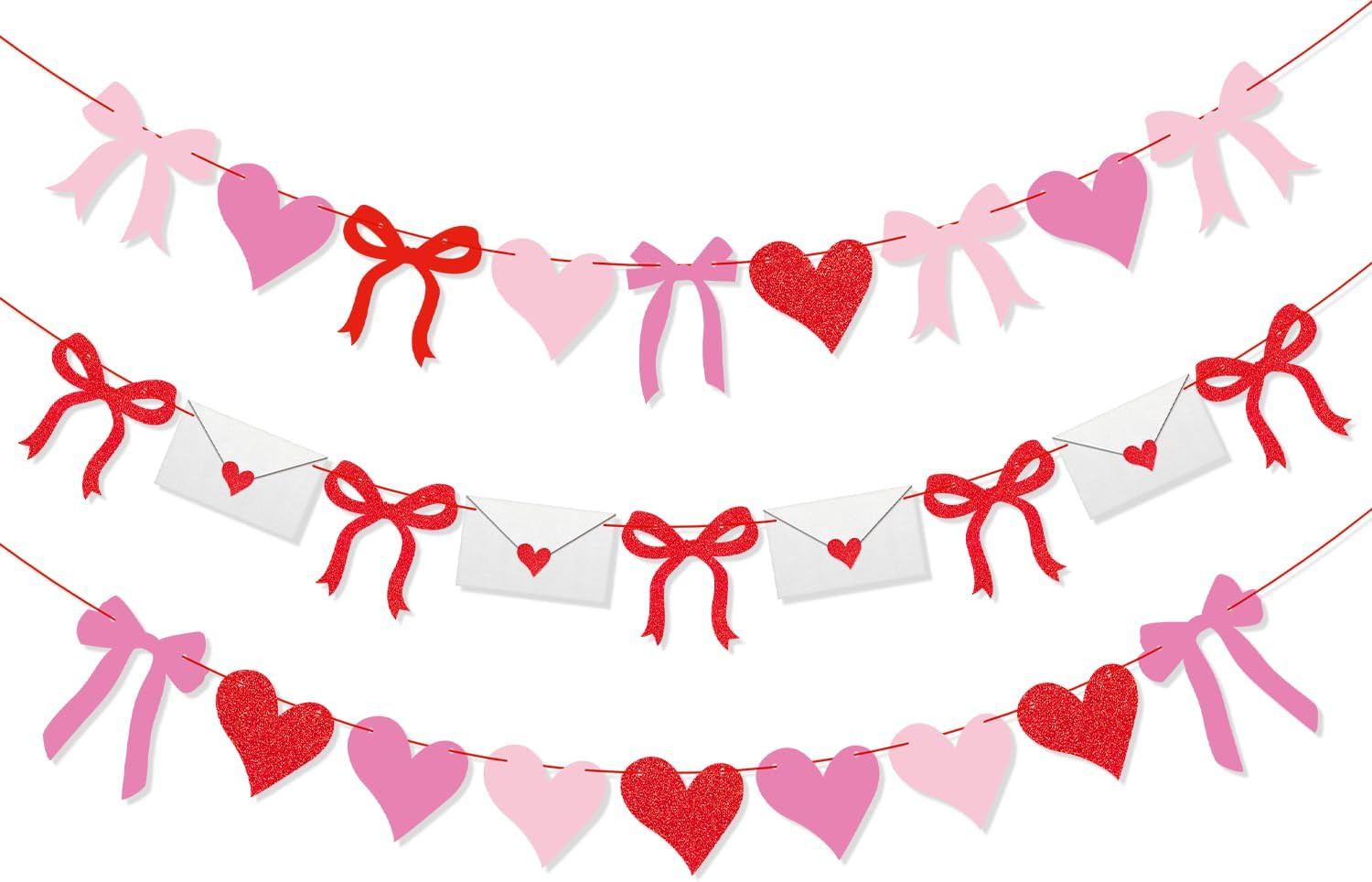 3Pcs Valentines Day Banner, Pink Red Love Letter Envelope Garland Heart and Bows Banner Valentine... | Amazon (US)