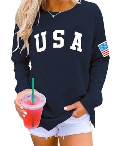 Dressmine Womens USA Sweatshirts Casual Long Sleeve Crewneck Sweatshirt America Shirt July 4th Flag Sweater Navy Blue 02 Small | Amazon (US)