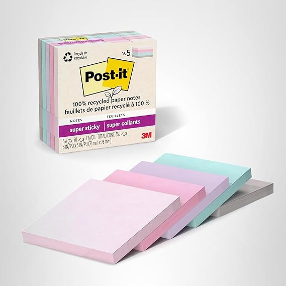 Post-it 100% Recycled Paper Super Sticky Notes, 3 in. x 3 in., 5 Pads, 70 Sheets per Pad, Wanderl... | Amazon (US)