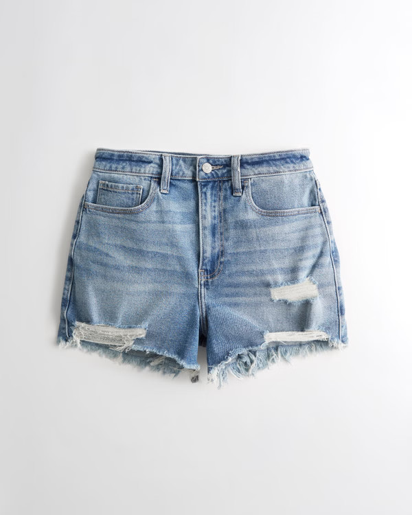 Girls Ultra High-Rise Ripped Medium Wash Denim Mom Short | Girls Bottoms | HollisterCo.com | Hollister (US)