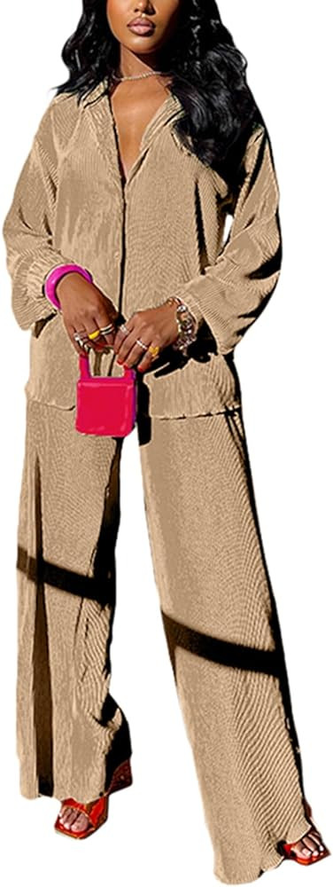 kaimimei Casual 2 Piece Outfit for Women - Linen Long Sleeve Button Down Shirt + Flare Pleated Wi... | Amazon (US)