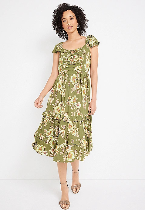 Green Floral Pintuck Midi Dress | Maurices