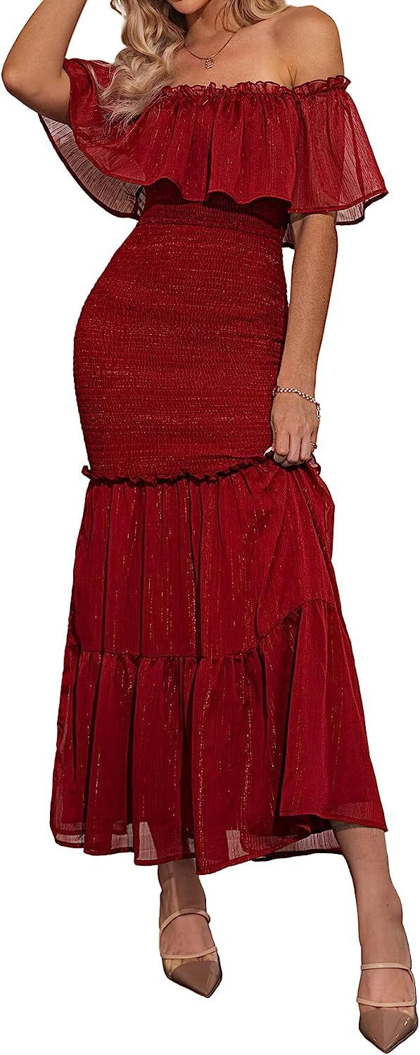 BerryGo Women's Elegant Maternity Off The Shoulder Ruffle Bodycon Maxi Dress Smocked Bridesmaid W... | Amazon (US)