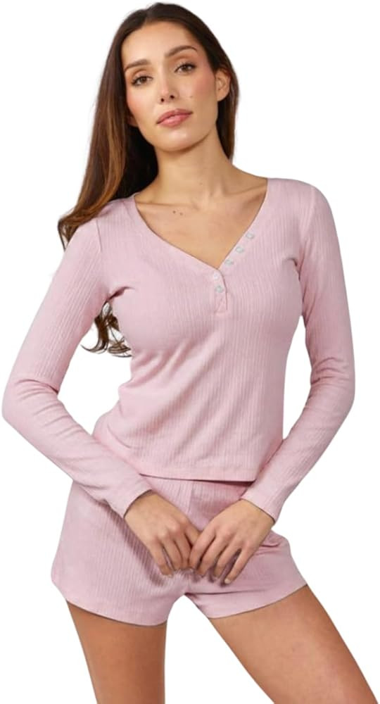 Almere Pointelle Pajama Set for Women, Long Sleeve and Shorts, Soft Sleepwear, Matching Nightwear | Amazon (US)