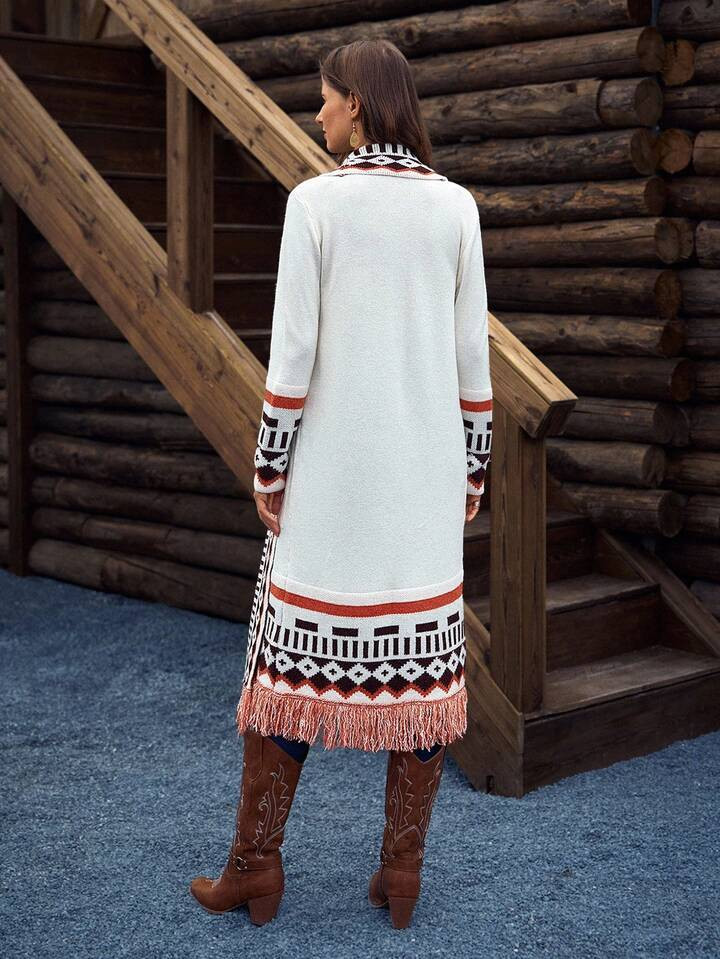LanaWest LanaWest Women's Jacquard Fringe Western Vacation Cardigan Sweater | SHEIN