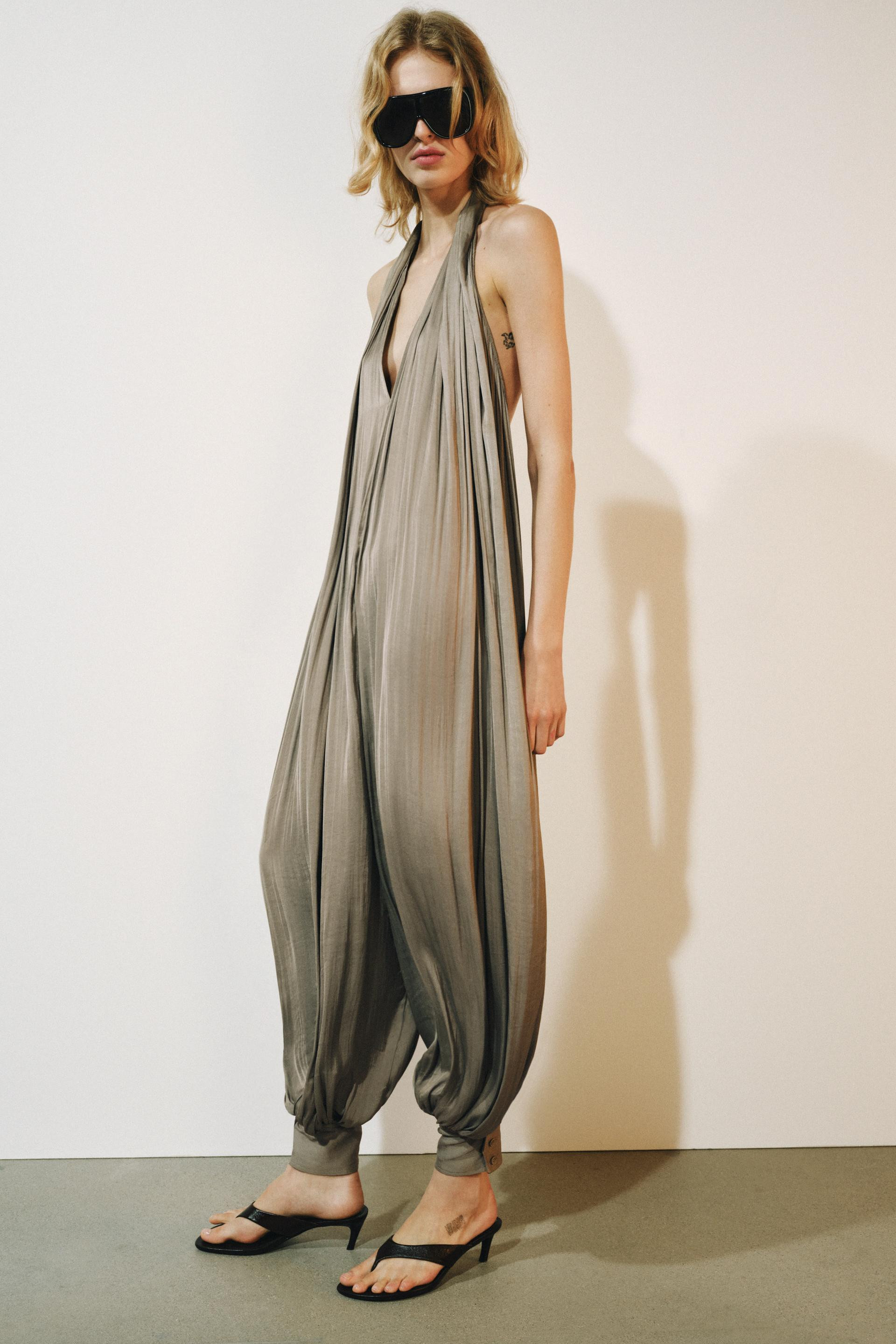 Zara - Zw Collection Satin Halter Jumpsuit - Brown / Taupe - L - Woman | Zara US