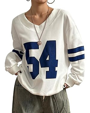Remidoo Womens New York Embroidered V Neck Sweatshirt Oversized Long Sleeve Pullover Top | Amazon (US)