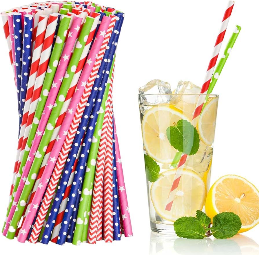 100 Pack Mixedcolor pattern Paper Drinking Straws, Biodegradable Durable & Eco-Friendly For Coffe... | Amazon (US)