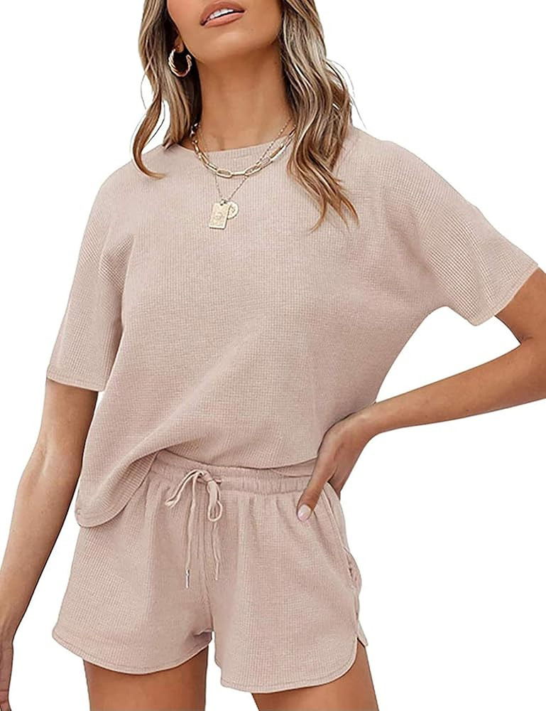 2 Piece Pajamas Set For Summer Waffle Knit Short Sleeve Top and Shorts Loungewear Athletic Tracks... | Amazon (US)
