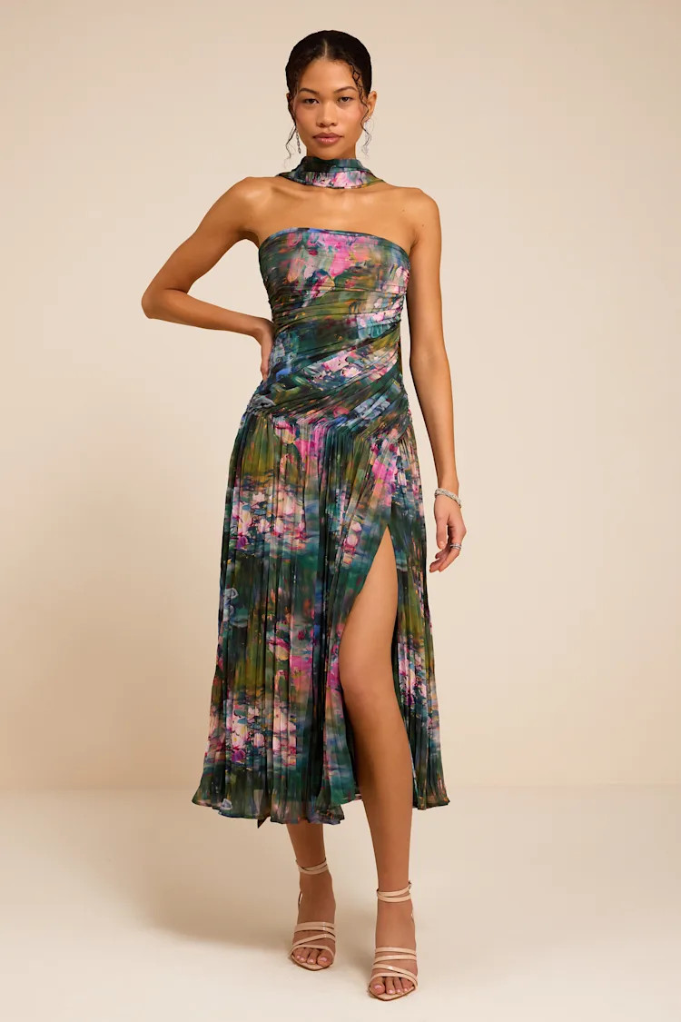 Westcott Blue Multi Strapless Midi Dress & Scarf Set | Lulus