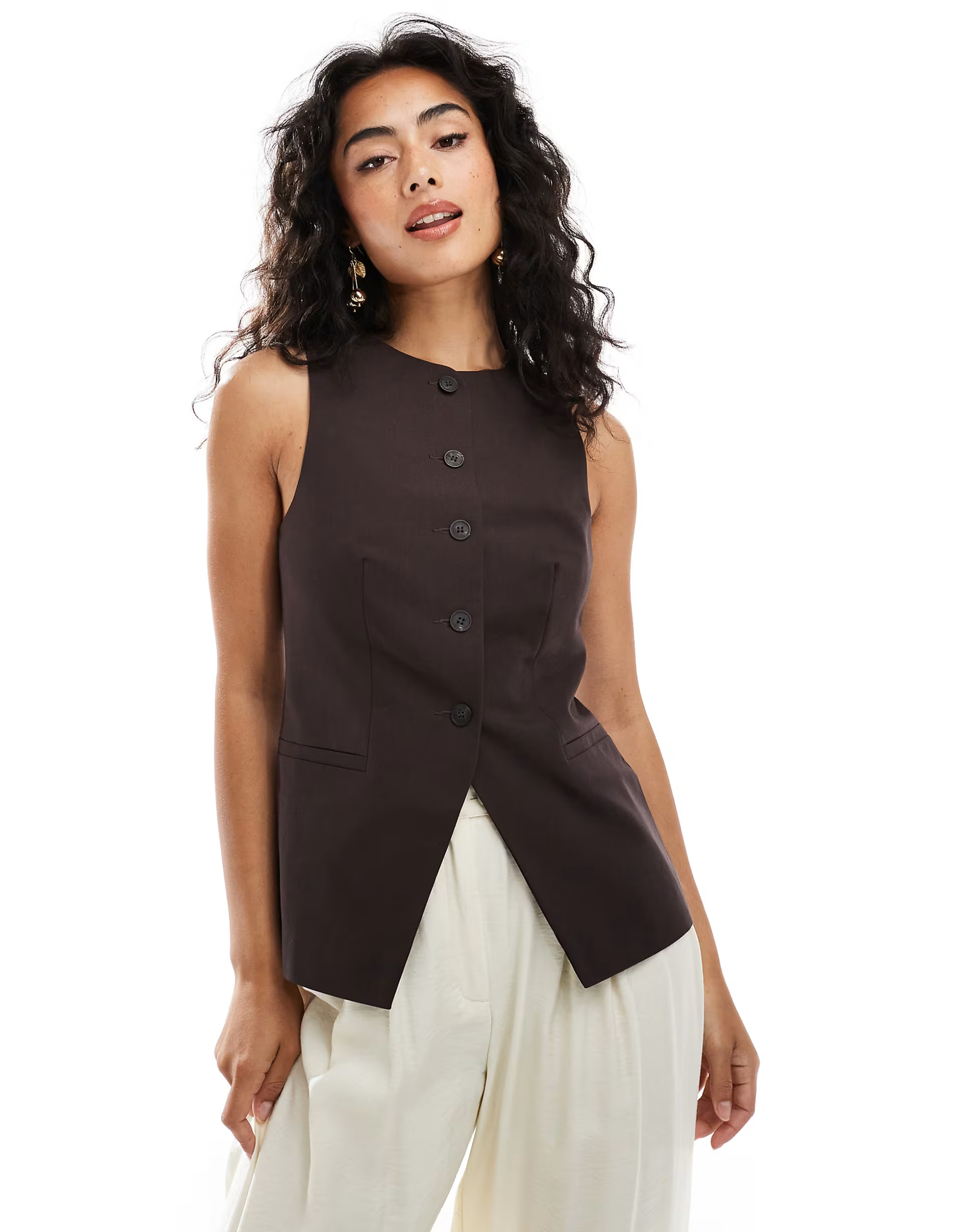 ASOS DESIGN high neck waistcoat in brown twill | ASOS (Global)