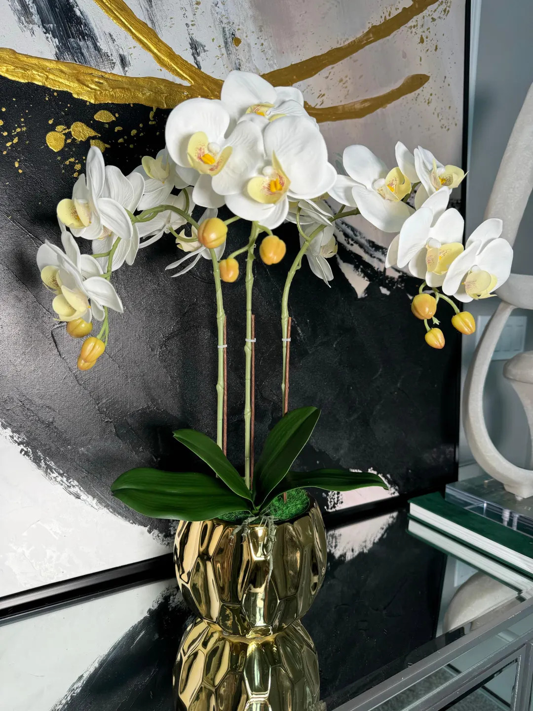 Real Touch Phalaenopsis Orchid Floral Arrangement With Round Ribbed Gold Vase - Etsy | Etsy (US)