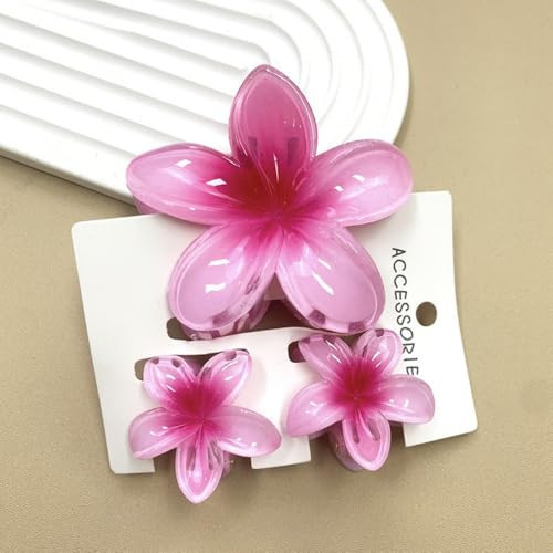Aacehlh Flower Hair Claw Clip Set,1 Pc Large and 2 Pcs Small Hawaiian Plumeria Claw Clips,Beach Tropical Hair Accessories for Women (Pink) | Amazon (US)