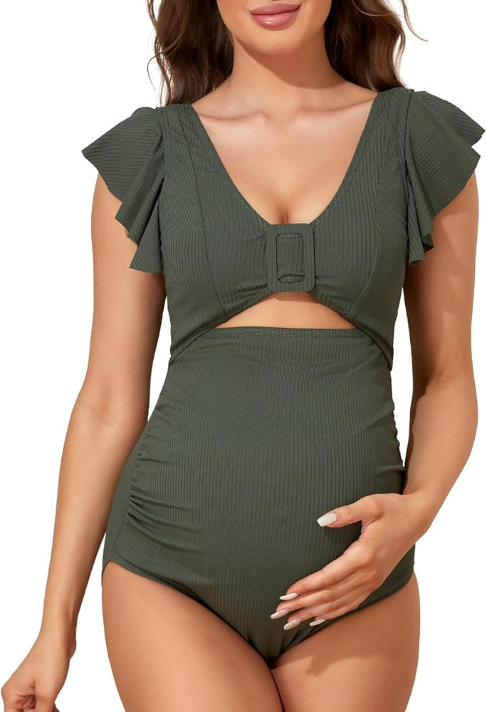 Summer Mae Ribbed Maternity Swimsuit Cutout One Piece Ruffle Sleeve Pregnancy Bathing Suit High W... | Amazon (US)