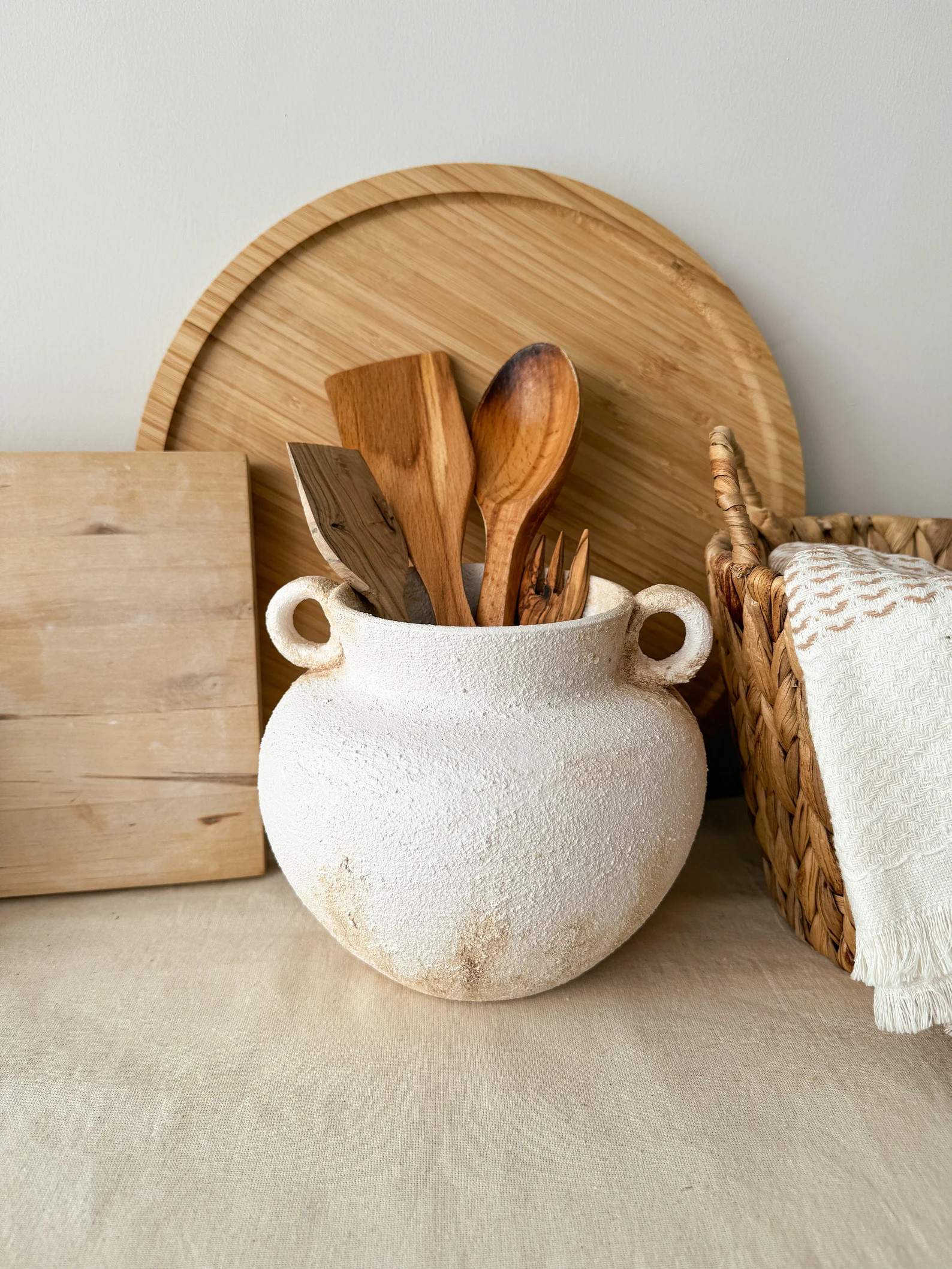 Rustic Kitchen Utensil Holder, White Textured Ceramic Vase, Handled Kitchen Crock, Spoon Holder, ... | Etsy (US)
