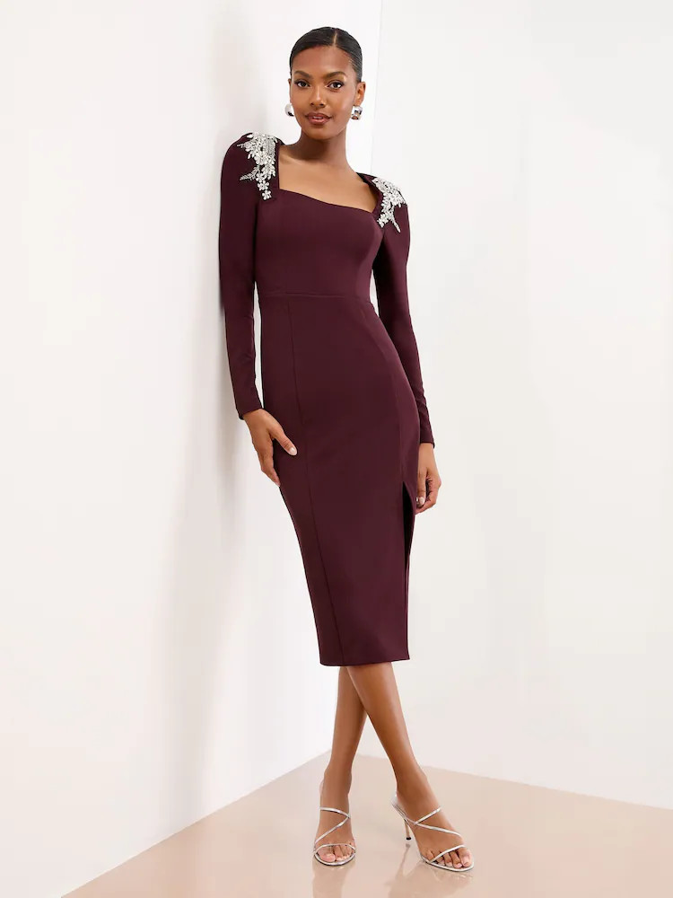 Lipsy Wine Embellished Shoulder Trim Long Sleeve Bodycon Midi Dress | Next US