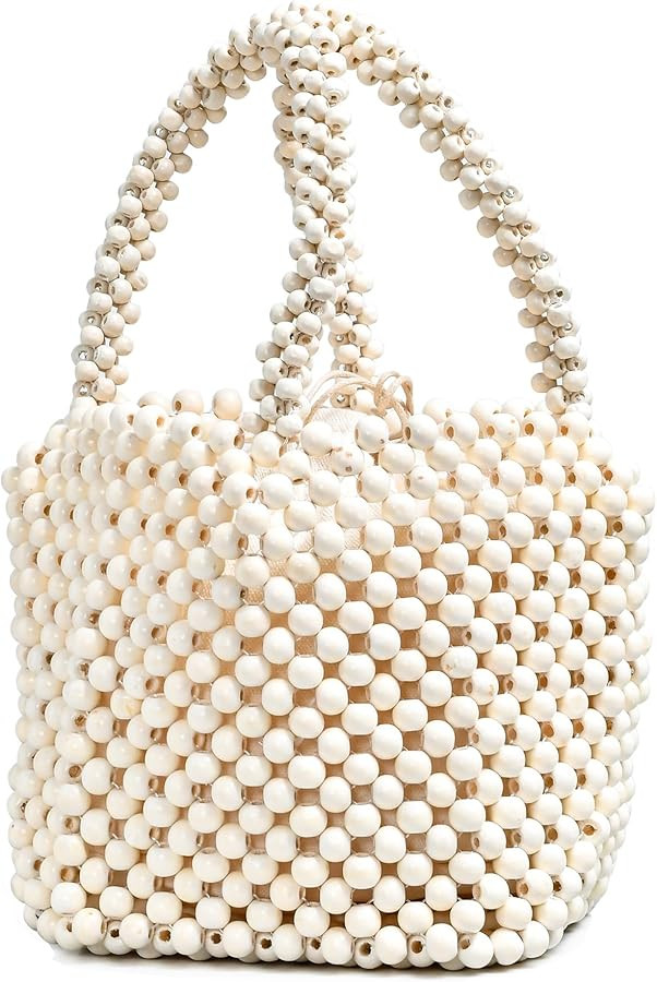 Women Girls Retro Wood Beaded Handbag Ladies Natural Handmade Drawstring Bucket Shoulder Bags Par... | Amazon (US)