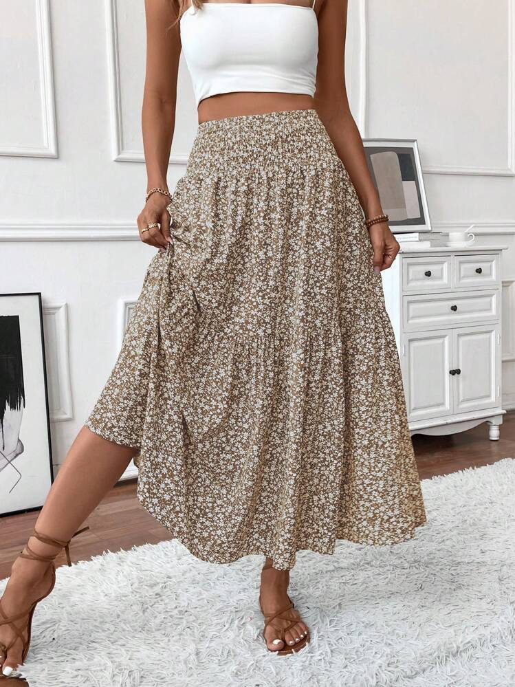 Women's Long Ditsy Floral Skirt, Casual Elastic Waist With Pockets, Ruffle Hem, A-Line Skirt For ... | SHEIN