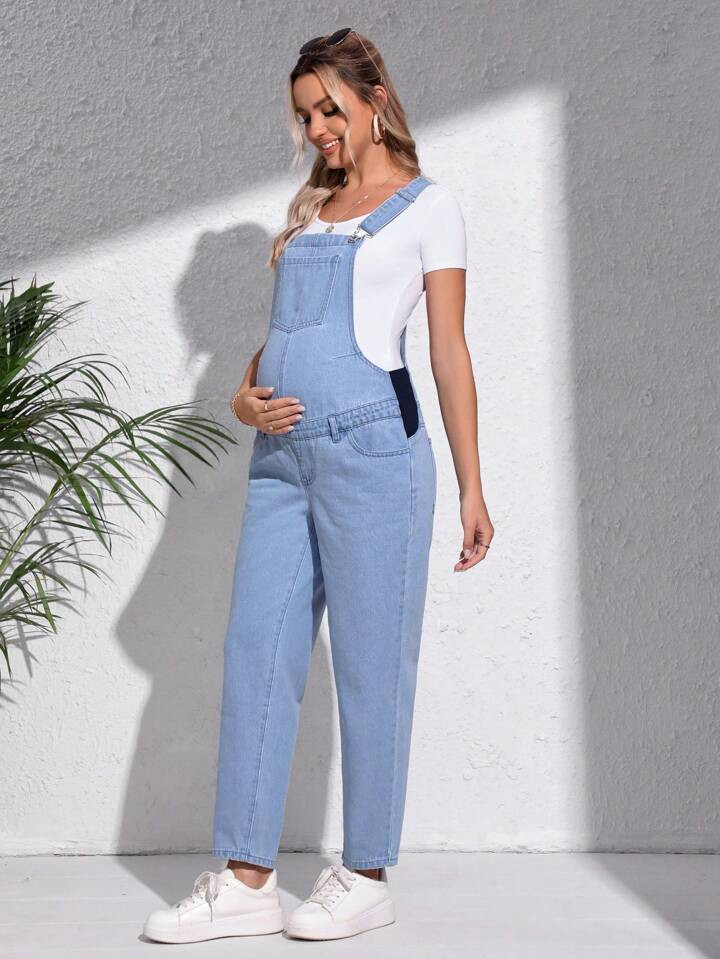 SHEIN Maternity Patched Pocket Denim Overalls Without Tee | SHEIN