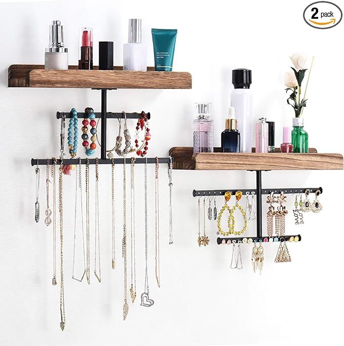 Keebofly Hanging Wall Mounted Jewelry Organizer with Rustic Wood Jewelry Holder Display for Neckl... | Amazon (US)