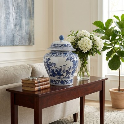 Decorative Ceramic Jar With Lid for Home Decor - Scenic Pattern Tall Table Jar for Shelf Styling And Display - 15", Blue & White | Target