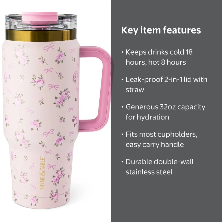 Thyme & Table 32oz Stainless Steel Luna Tumbler with Handle and Dual Straw Lid, Roses | Walmart (US)
