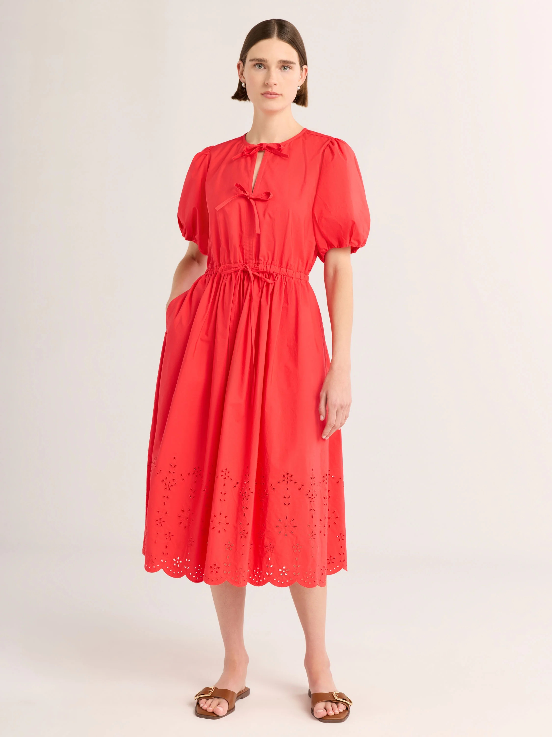 Free Assembly Women's and Women's Plus Tie Front Cotton Eyelet Midi Dress with Short Puff Sleeves... | Walmart (US)