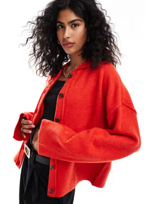 ASOS DESIGN knitted collar shirt cardigan with seam detail in red | ASOS (Global)