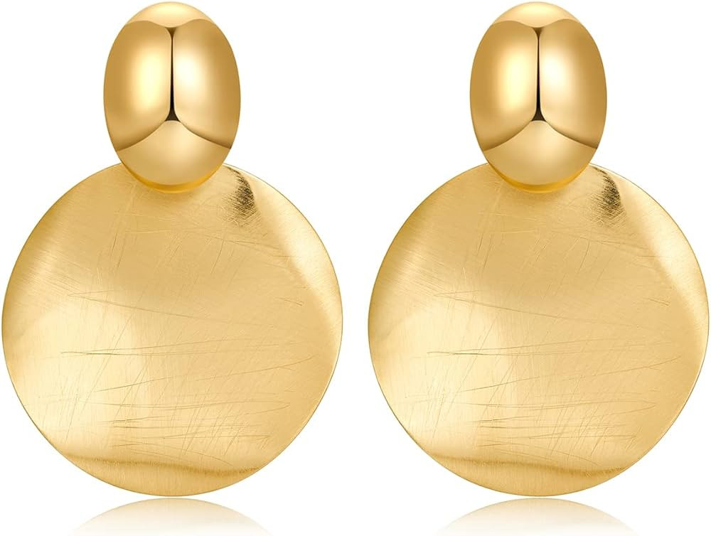 FAMARINE Big Disc Drop Earrings Gold Dangle Earrings Round Hammered Earrings Women | Amazon (US)