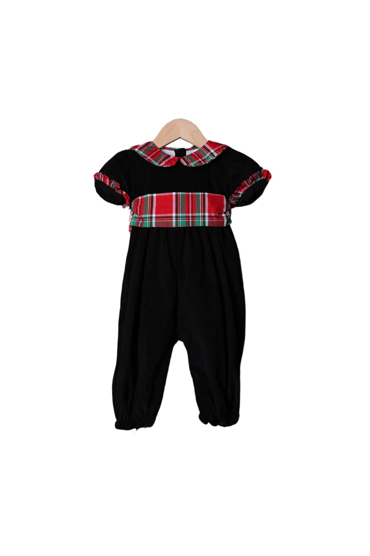 Christmas Plaid Corduroy Bow Romper | The Smocked Flamingo